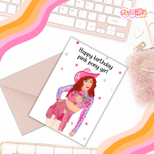 Cartão de aniversário para menina com pónei rosa